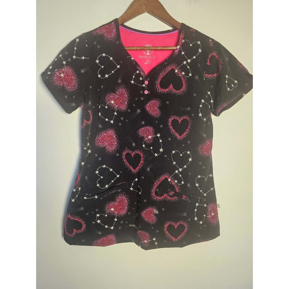 Hearts Stars Healing Hands Scrub Top Women XS Black Pink V-Neck Short Sleeve